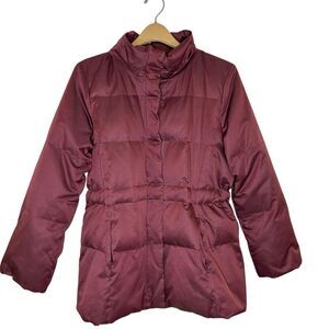 J. Jill Down Puffer Parka Women’s MEDIUM Quilted Coat Adjustable Waist Burgundy